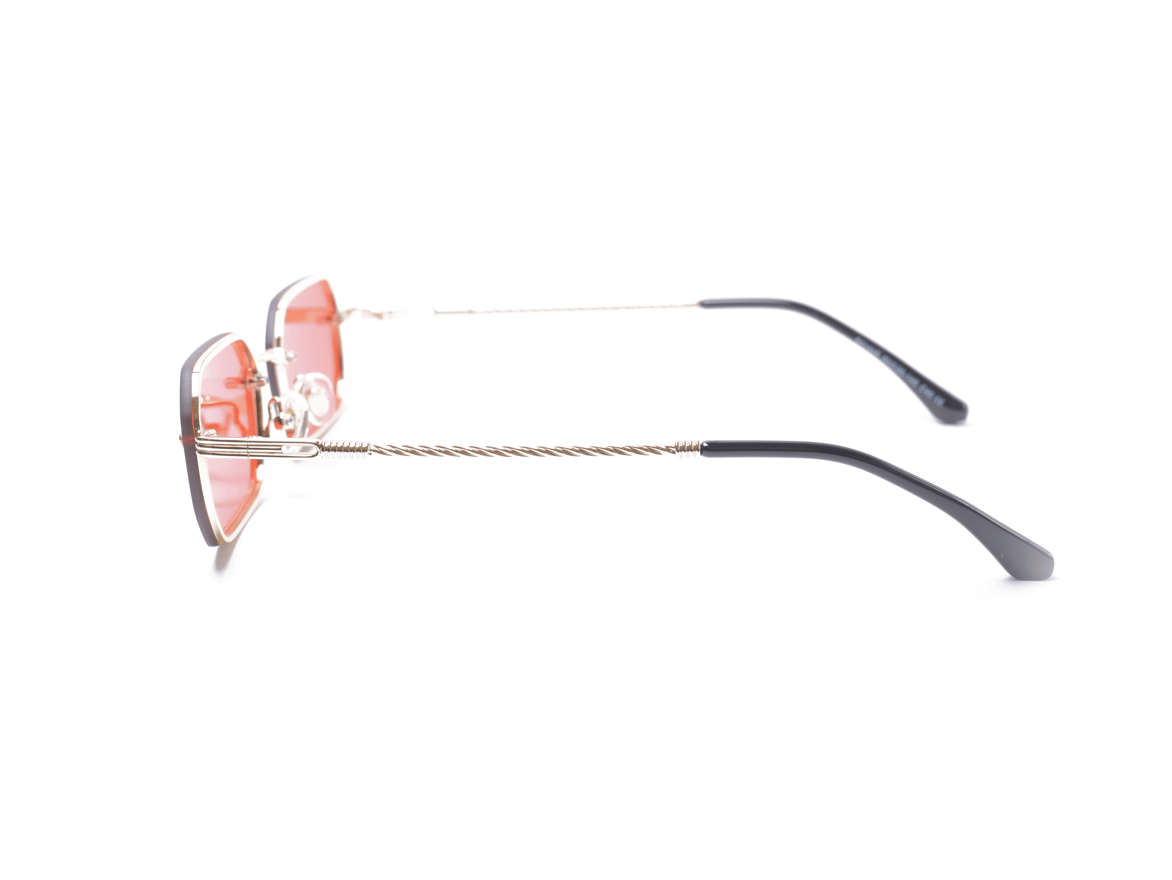 Smukke detaljer, rød solbrille, snoet stel, guld
